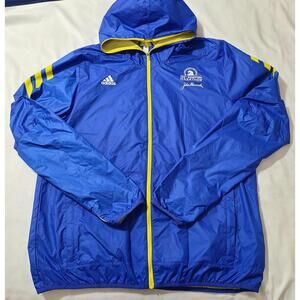 Adidas 125th Boston Marathon Hooded Windbreaker Mens Sz Large Blue Yellow Jacket